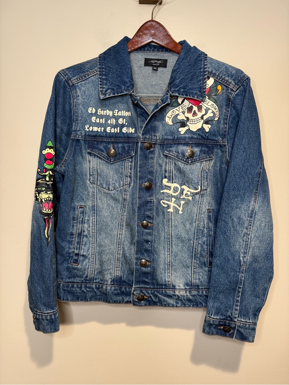 ED HARDY Flaming skull denim jacket men’s medium - Picture 3 of 10